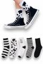 5 Pairs Unisex Patterned Black and White Colored Long Socks Set 5 Pieces - 6