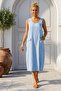 Light Blue Pool Collar Sleeveless Zippered Double Flap Pockets Casual 100% Linen Woven Dress 110 55 - 2