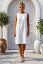White Boat Neck Sleeveless Casual 100% Linen Woven Dress 96 50
