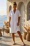 White V-Neck Short Sleeve Lace Pocket Casual 100% Linen Woven Dress 95 55 - 3