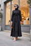 Ribbed Scalloped Lined Shirt Collar Linen Dress -Black
