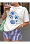 Women's T-Shirt with Seashell-Starfish-Tropical Flower Details