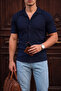 Men's Navy Blue Corduroy Short Sleeve Lapel Collar Shirt - 3