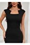 Women's Short Sleeve Square Neck Imported Crepe Dress - 2