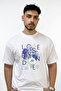 Blue Flowers Design Printed Oversize White T-Shirt