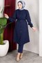 New Season Ribbed Detailed Belted Hijab Suit - Navy Blue - 9