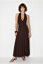 Women's Bitter Brown Sandy Fabric Backless Halter Neck Draped Maxi Dress De251097 60286394 - 2