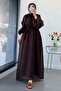 Premium Collar Gathered Balloon Sleeve Voile Dress - Brown - 2