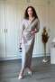 Shirt Collar Draped Midi Poplin Beige Dress - 7