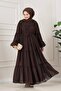 Magnolia Chiffon Dress with Peacock Motif - Brown - 3