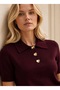 Women's Gold Button Detailed Polo Collar Short Sleeve Premium Knitwear Sweater - 3