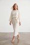 Women's Ecru Boat Neck Belted Midi Dress with Inner Lining Alc-X15571
