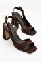 Women's Brown Suede Design Asymmetrical Strap Blunt Toe Thick Heeled Shoes