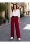 Women's Burgundy Double Belt Detailed High Waist Comfortable Wide Leg Palazzo Trousers - 6
