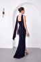 Women's Navy Blue Strapless Collar Slit Long Glitter Evening Dress - 6