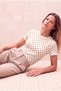Women's Ecru Polka Dot Crinkle Fabric Slim Fit Crew Neck Short Sleeve Blouse Lacey