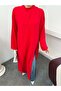 Women's Oversize High Collar Side Deep Slit Wrinkled Textured Long Tunic Dress 9111 - Red - 6