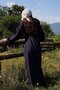 Waist-Tied, Ruffled Sleeve Linen Dress, Navy Blue - 6