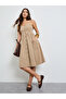 Beige Button Front Midi Dress with Patch Pocket