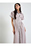 Beige Fitted Waist Striped Shirt Maxi Dress - 2