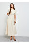 Beige A-Line Maxi Dress with Short Sleeves