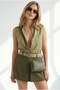 Women's Khaki Pocket Sleeveless Crop Linen Shirt Gml-19001458 - 3