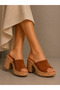 Tan Suede Women's Platform Heeled Slippers – Genuine Leather Lined Thick Heel Summer Slippers - 5