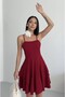 Thin Strap Skirt with Fold Detail Burgundy Evening Dress Graduation Dress - 3