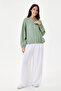 Khaki Italian 100% Linen Embroidered Zippered Low Sleeve Oversize Linen Blouse Blouse 38 - 44 Size - 7