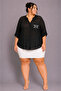 Large Size V-Neck Buttoned Stone Embroidered Capri Sleeve Pocket Thin Women's Shirt - 6
