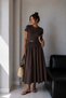 1033 Women's Stretchy Body Woven Skirt Belt Detailed Short Sleeve Maxi Dress Brown