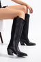 Black Matte Leather Metal Toe Flat Above-Knee Western Cowboy Boots - 6