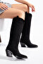 Black Matte Suede Metal Toe Flat Above-Knee Western Cowboy Boots - 6