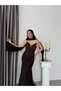 Brown Strapless Lace Corset Detailed Fish Model Evening Dress with Scarf - 3