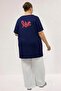 68510 Large Size Front Printed Ribbed Modal T-Shirt - Indigo - 6