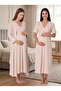 New Season Beige Double-Breasted Collared 100% Cotton Short-Sleeved Special Design Maternity Nightgown Set with Nursing Features - 5