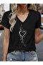 Women's Heart Printed V-Neck Sleeves Regular Fit Comfortable T-Shirt - 2