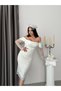 White Boat Neck Strap Sequined Midi Lace Evening Dress - 2