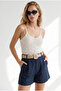 Women's Navy Blue Pleated Linen Shorts with Pockets Shrt-19000093 - 3