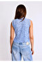 Women's Blue Stand Collar Lace Chinese Button Bohemian Vest Crop Blouse - 4