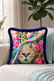 Tiger Floral Pattern Fringed Pillowcase - Exotic Bohemian Black Navy Blue Tassel Throw Pillow Cover - 6