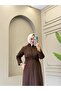 Women's 2-Piece Pearl Detailed Dabıl Fabric Hijab Set – Long Jacket and Pants Set with Zipper N-05531 _ Brown - 2