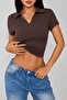 Women's Slim Polo Collar Crop Stretchy Fabric Casual Basic T-Shirt - 2