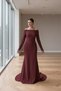 Women's Boat Neck Long Sleeve Sweep Train Slit Pencil Wedding Dress Lined Crepe Fabric Wedding Gown
