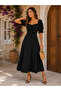 Timeless Elegance Women's Square Neck Gathered Detailed Midi Crepe Dress - 2