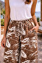 Women's Cinnamon Brown High Waist Elastic Wide Leg Viscose Leaf Patterned Pocket Trousers