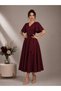 Di̇va Detachable Belt Detailed Burgundy V-Neck Flared Long Evening Gown/Dress - 7