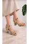 Women's Gold Crinkled Patent Leather Stoned Thick Heeled Evening Dress Sandals Shoes