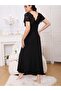 Women's Short Sleeve V-Neck Double Breasted Collar Lace Detailed Viscose Nightgown - 2