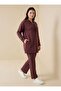 Plus Size Hooded Sweatshirt & Trousers Set with Piping Detail - Red Brown -